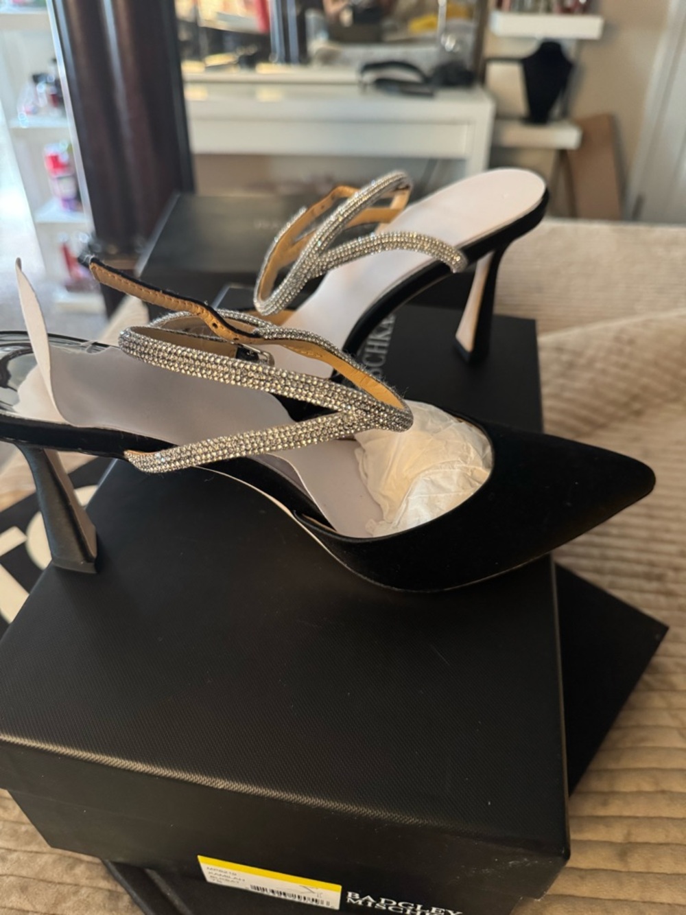 Badgley Mischka Black Pointed Stiletto Mules with Crystal Straps
